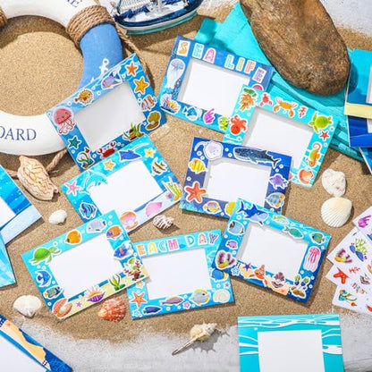 96 Pcs Under The Sea Picture Frame Craft DIY Summer Ocean Beach Photo Frame Crafts with Sea Animals Stickers for Summer Party Home Activities - style: Ocean