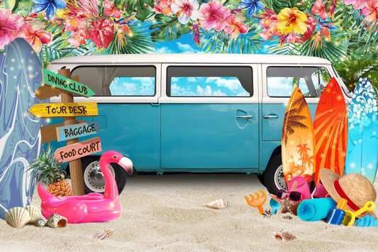 Summer Seaside Backdrop Hawaiian Beach Car Truck Tropical Floral Surfboard Decorations Background Flamingo Surfing Pool Luau Party Backdrop Cake Table Banner Studio Props Vinyl 6x6ft - color: White Blue, size: 6x6ft (180x180cm)