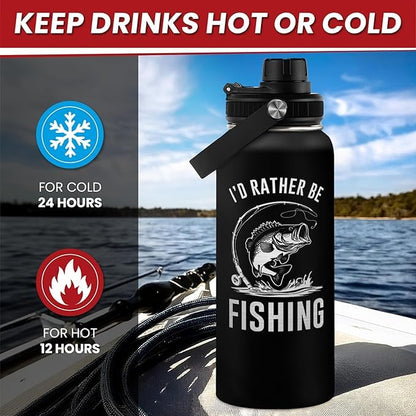 Fishing Insulated Engraved Stainless Steel Water Bottle 32oz, Vacuum Chug Lid Travel Tumbler for Men Friends Dad Grandpa Fisherman, I'd Rather Be Fishing, Birthday Christmas Father's Day - color: Fishing 2