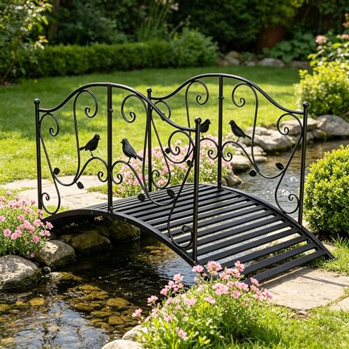 4ft Garden Bridge Metal Yard Arch Path Bridges with Patterned Guardrails, Outdoor Decorative Iron Foot Bridge for Pond and Backyard Landscaping Fish Pond, Stream, Black, 450lbs - color: Black-Metal, size: 4 ft