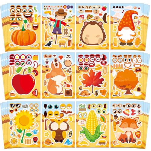48 Sheets Fall Make a Face Stickers, 12 Designs Fun Fall Crafts for Kids, Autumn Festival Party Favors, Classroom Activities & Games - style: Fall Harvest