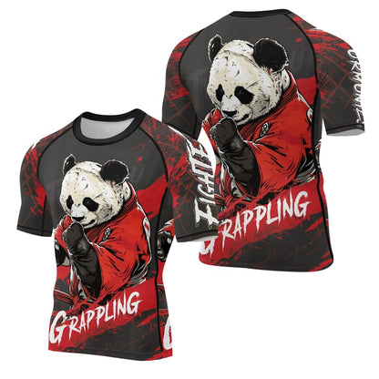 Panda Fighter Men's Short Sleeve Compression Rash Guard MMA Jiu Jitsu BJJ Grappling Base Layer Combat Shirt - color: V2, size: Small
