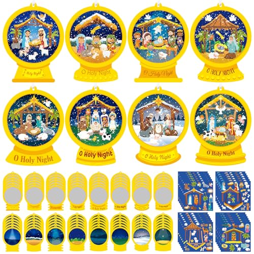 Frienda 48 Set Christmas Shaking Nativity Snow Globe Craft Kit Make a Jesus Birth Snowglobe Stickers Ornament Bulk with Glitter Sequins Papers for Xmas Tree Decor Religious Classroom Game Activities - style: Holy Night