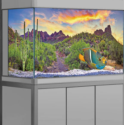 Reptile Habitat Background Rock Blue Sky Oasis Cactus Sunset Desert Terrarium Background 24X16IN with 8 EVA Double-Sided Tape - size: 24X16in/60X40cm