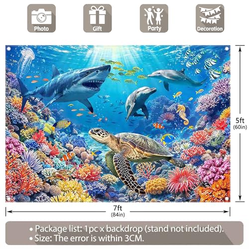 Fabric 7x5ft Under the Sea Backdrop Shark Tropical Ocean Water Underwater World Animals Dolphin Turtle Photography Background Aquarium Coral Party Decorations Photo Props