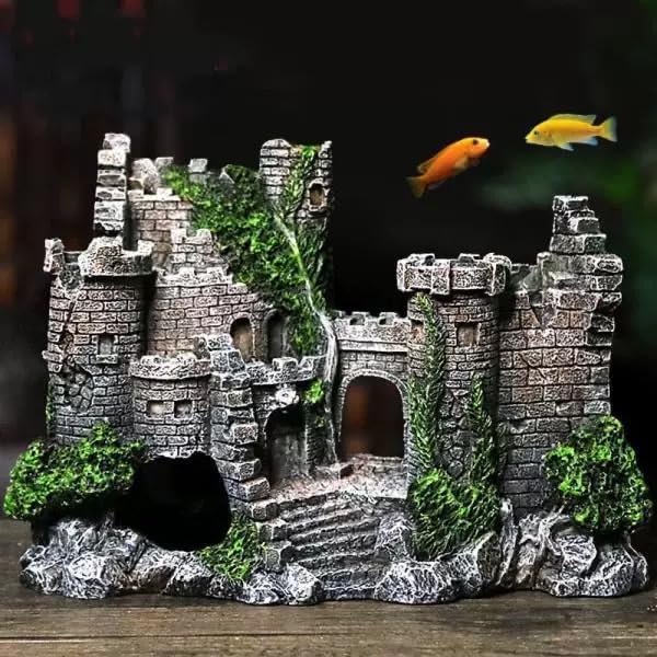 Castle Ruins Aquarium Decoration, Resin Fish Tank Decoration, Gray Stone, Water Tank Accessories, Aquarium Landscape, 6.69x2.95x5.11 inches