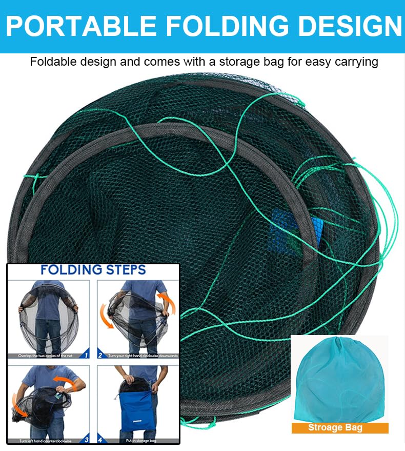 Foldable Fishing Net, Nylon Minnow Trap Crab Trap Crab Net, Drop Net for Pier Fishing, Drop Nets for Pulling Up Fish with Rope, Portable Bridge Fishing Nets for Minnows Crawfish Shrimp