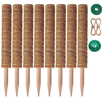 8 Pcs Moss Pole for Plants Monstera, Plant Support Stakes for Indoor Climbing Plants Grow Upwards, with 65ft Twist Ties, 13ft Jute Rope, 6.5ft Hook-and-Loop Strip