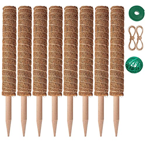 8 Pcs Moss Pole for Plants Monstera, Plant Support Stakes for Indoor Climbing Plants Grow Upwards, with 65ft Twist Ties, 13ft Jute Rope, 6.5ft Hook-and-Loop Strip