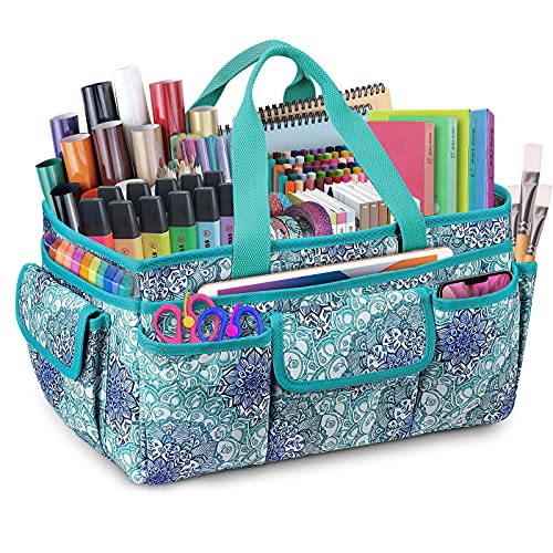 FINPAC Large Craft Storage Tote Bag with Multiple Pockets, Scrapbooking Carrying Case Storage Caddy with Handle for Sewing, Art, Desktop, Baby Care Supplies (Emerald Illusions) - color: *Emerald Illusions