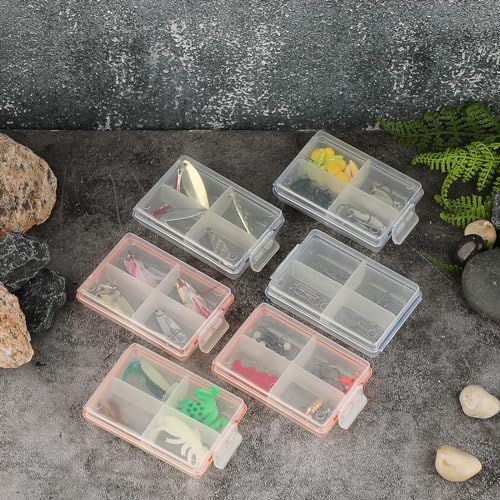 JUXYES Pack of 6 Plastic Small Fishing Tackle Box Organizer with 4 Compartments, Clear Mini Fishing Tackle Storage Boxes with Dividers, Transparent Fish Pocket Tackle Storage Box Lure Box