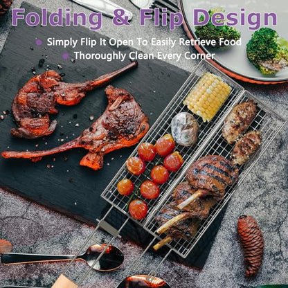 Rolling Grill Basket, Grill Baskets for Outdoor Grill, REMOVABLE HANDLE, Anti-Scorch Stainless Steel BBQ Net Tube for Meat, Shrimp, Vegetables, Grill Accessories, Gifts for Dad, Husband (Round)