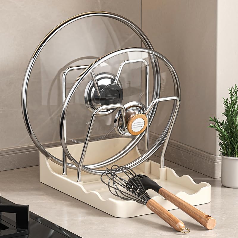 Pot Lid Rack, Cutting Board & Utensil Holder White | Space-saving rust-proof steel storage holds lids, boards, spoons and chopsticks