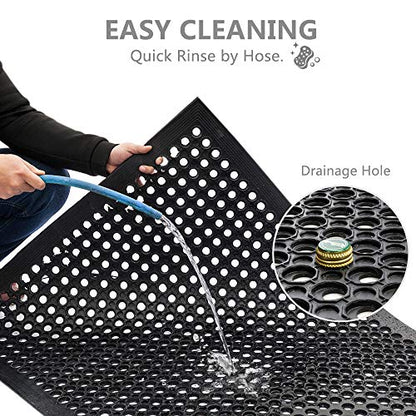 ROVSUN Rubber Floor Mat with Holes, Anti-Fatigue/Non-Slip Drainage Mat, for Industrial Kitchen Restaurant Bar Bathroom Utility Garage Pool Entry Door Mat, Indoor (36'' x 60'' Black 1Pcs)
