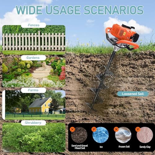 62cc Post Hole Digger, Gas Powered Post Hole Digger, Earth Auger Digger with 3 Drill Bit 3" & 5" & 8" and 3 Extension Rods 24" 24" 24" for Planting Fence Farmland Garden & Plant, 1400W - size: 62cc