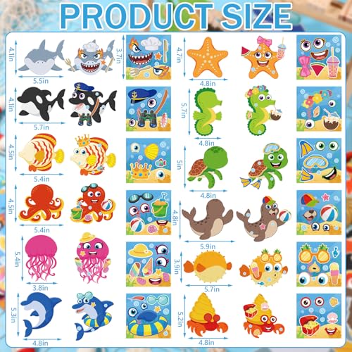 Frienda 48 Set Ocean Animal Make a Face Craft Kit DIY Hanging Decorations Large Sea Creature Cards with Stickers Gold Ribbon Summer Beach Party Favors Craft Activity Set Rewards Gift - style: Ocean Animal