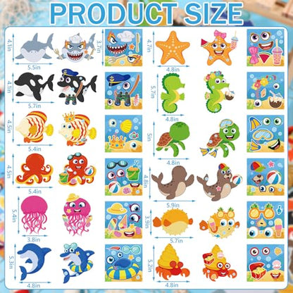 Frienda 48 Set Ocean Animal Make a Face Craft Kit DIY Hanging Decorations Large Sea Creature Cards with Stickers Gold Ribbon Summer Beach Party Favors Craft Activity Set Rewards Gift - style: Ocean Animal