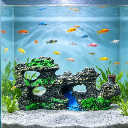 Aquarium Rock Cave Ornament, Resin Mountain View Hideout Decor for Fish Tank, Safe Shelter for Small Fish and Shrimp