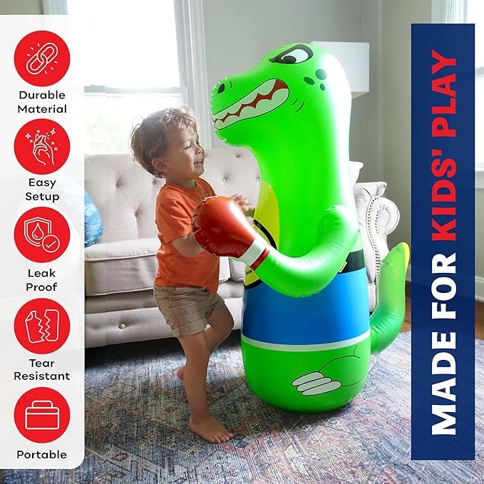 Preferred Toys 47" Inflatable Dinosaur Punching Bag for Kids - Durable Blow Up Kids Punching Bag with Bounce Back Base - Inflatable Indoor Outdoor Active Toddler Bop Play Toy - color: Green (2-Pack)