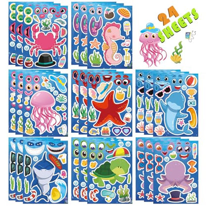 24 Sheets Ocean Stickers for Kids, Make Your Own Sea Animal Mix and Match Sticker Sheets, Make a Face Stickers for Kids Activities Supplies Crafts - style: Ocean Animal Stickers