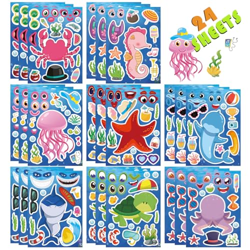 24 Sheets Ocean Stickers for Kids, Make Your Own Sea Animal Mix and Match Sticker Sheets, Make a Face Stickers for Kids Activities Supplies Crafts - style: Ocean Animal Stickers