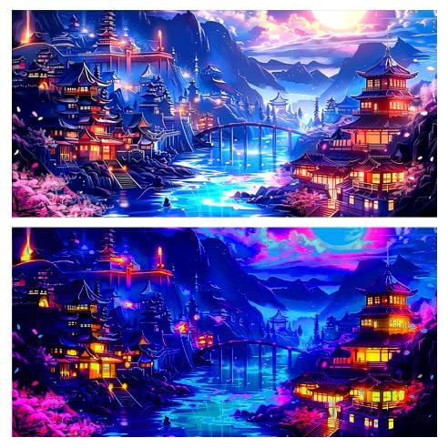 36X24IN Blacklight Japanese Anime Black Light Aquarium Background, UV Art City Night Fish Tank Background Scenery Terrarium Background with 10 EVA Double-Sided Tape - size: 36X24in/90X60cm