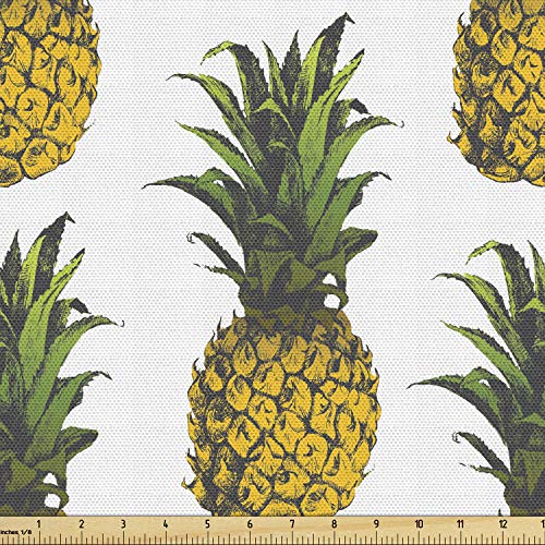 Lunarable Pineapple Fabric by The Yard, Pineapple Illustration Gourmet Holidays Getaway Palm Trees Art, Decorative Fabric for Upholstery and Home Accents, 2 Yards, Mustard White - color: Mustard White, size: Upholstery Fabric 2 yards