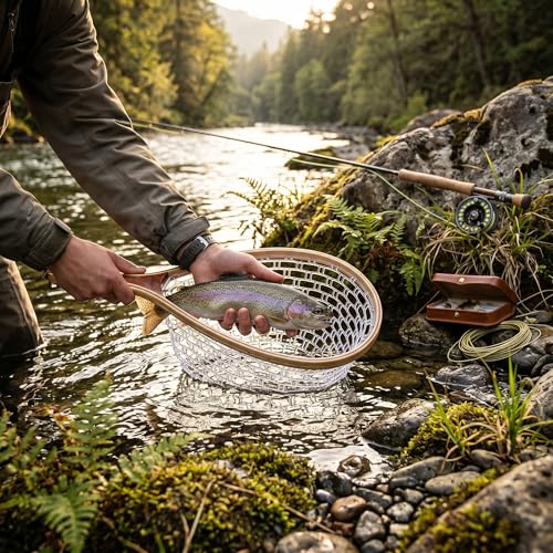 Replacement Fly Fishing Landing Net, Non Snag Soft Rubber Mesh Fishing Net Replacement, 100cm Depth Catch and Release Knotless Net for Trout Bass Carp Fish Friendly for Fly Fishermen
