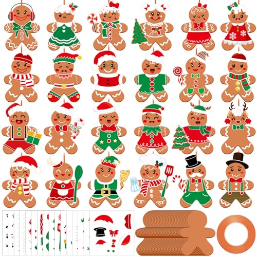 Frienda 48 Set Christmas Gingerbread Craft Kit Make a Gingerbread Man Ornament Stickers Bulk DIY Arts and Crafts for Xmas Tree Decoration Fun Christmas Party Favors Home Game Activities - style: Gingerbread Man