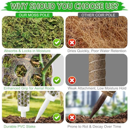 55 Inch Moss Pole Monstera Plant Support, 4 Pack 17 Inch Plant Support Stakes for Indoor Climbing Plants, Stackable Sphagnum Moss Pole Sticks for Garden Potted Planter, Pothos, Philodendron