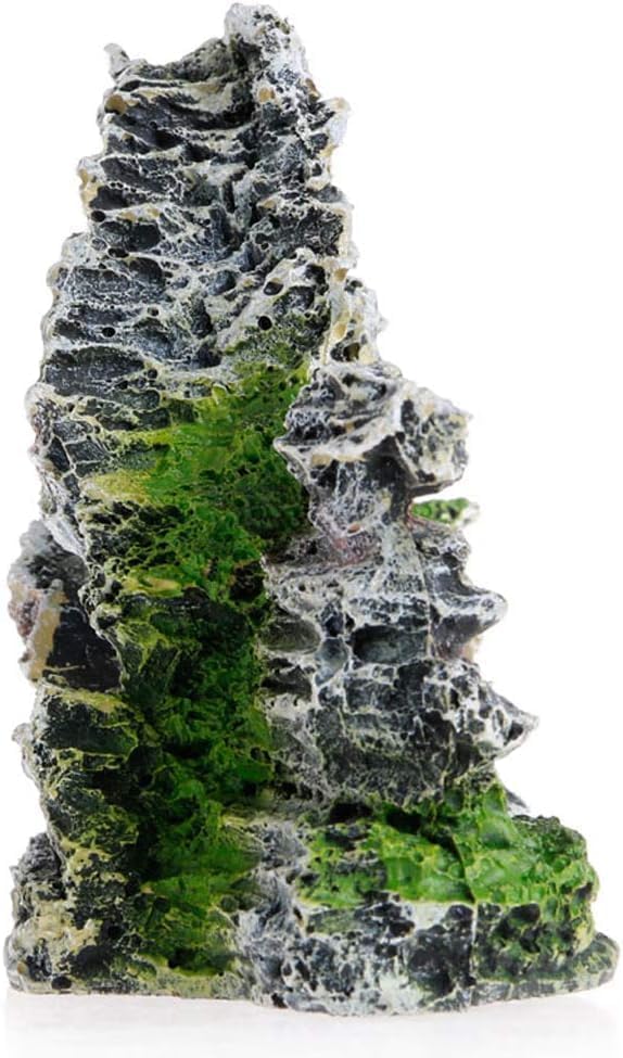 Resin Aquarium Mountain Decor with Moss Rock Cave - Multi-Level Terrain for Fish Tank Landscaping, Natural-Looking Rockery Design with Hidden Cave and Crevices for Shrimp, Reptile Habitat Aquascaping