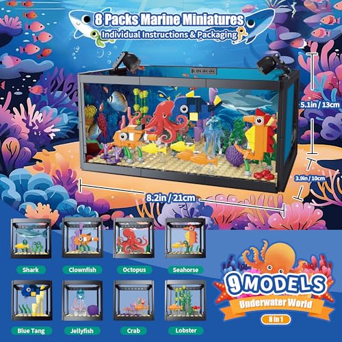 AKWME 8 in 1 Fish Tank Building Sets, Marine Aquarium Building Block with LED Light Party Favors 9 Model Toy Including Octopus Crab, Christmas Birthday Gifts for Boys Girls Kids Ages 6 8 10 12+