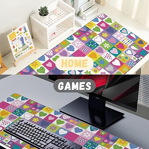 Extended Gaming Mouse Pad Checkered Heart Flower Large Mousepad with Stitched Edges,Anti-Slip Rubber Base Keyboard Mouse Mat Desk Pad for Gaming Home Office 35.4 x 15.7 inches - color: Checkered Heart Flower