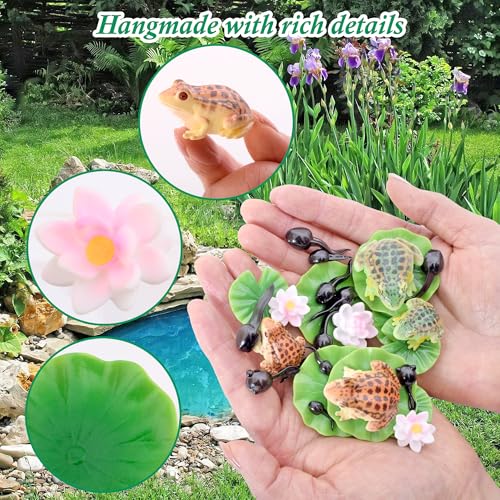 30 Pcs Mini Resin Pond Accessories Miniature Floating Lotus Water Lily Pads Tiny Frog Tadpole Figurines for Aquarium Fairy Garden Bonsai Pond Pool Home Outdoor Water Decor DIY Crafts