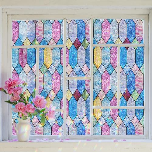 Window Privacy Film, Rainbow Decorative Stained Glass Window Film, Static Cling Lattice Glass Covering, Window Tint Sticker for Home Decor & UV Heat Blocking, 17.3 x 78.7 Inches