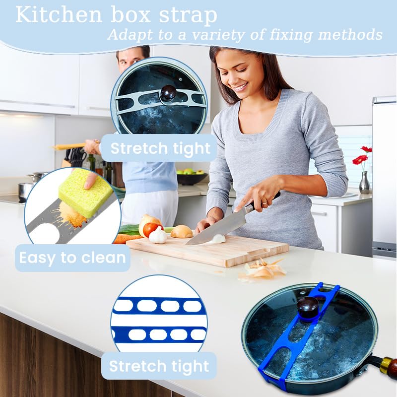 Blue Silicone Lid Straps - 3 Pcs Adjustable Bands for Pots & Pans | Adjustable silicone straps keep lids firmly attached to pots, preventing sliding or loss during storage - color: blue