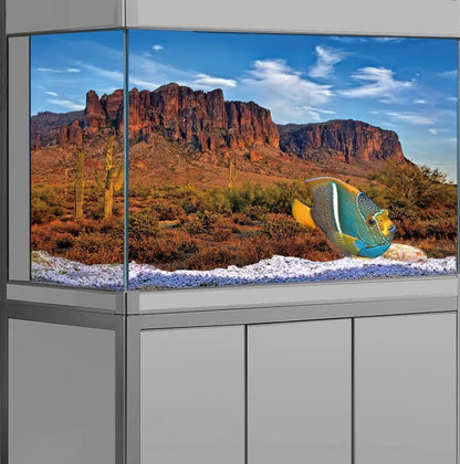 24X16IN Desert Rock High Mountain Cactus Oasis Reptile Habitat Background, Natural Blue Sky Sun Desert Themed Terrarium Background, Aquarium Background with 10 EVA Double-Sided Tape - size: 24X16in/60X40cm