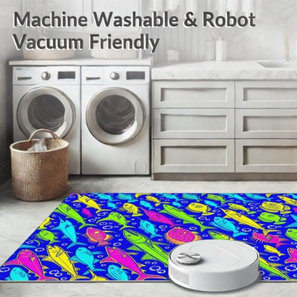 9'x12' Washable Graphic Fish Oversized Rug, Blue Non-Shedding Pet Friendly Carpet Foldable Easy Care Mat for Master Suite, California King, Under Bed | Ref:1885990