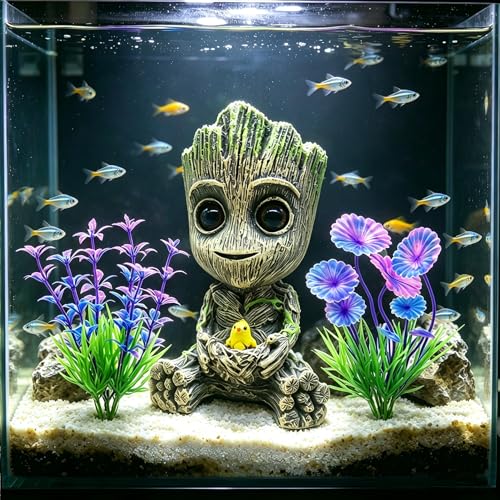 Aquarium Groot Air Bubbler Fish Tank Decorations, Fish Tank Air Stone Set with Bubble Accessories 6 pcs and Aquatic Plants 4 Pcs.