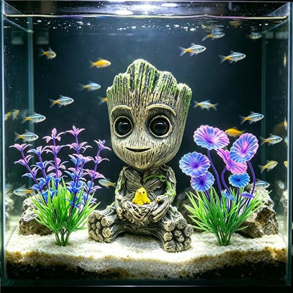 Aquarium Groot Air Bubbler Fish Tank Decorations, Fish Tank Air Stone Set with Bubble Accessories 6 pcs and Aquatic Plants 4 Pcs.