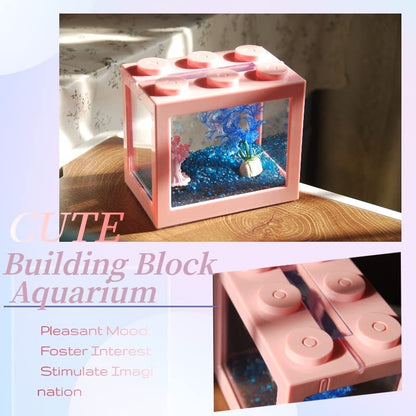 Small Betta Fish Tank, Stackable Mini Fish Tank Aquarium Tank Kit, 3/5 Gallon Rectangular Fish Bowl with Aquarium Gravel Decoration, Tiny Cube Tank for Seaweed Balls Sea Monkeys
