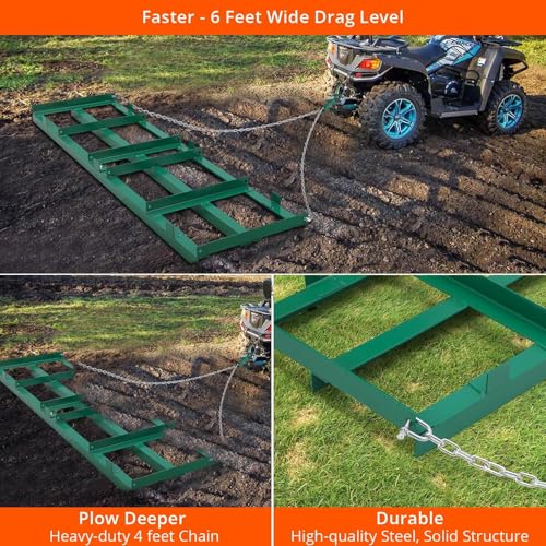 Garvee 48 Inch Heavy Duty Lawn Leveling Rake & Driveway Drag Harrow – Tow-Behind Gravel Grader for ATV, UTV, Tractor, Mower – Durable Steel Landscape & Soil Leveler, Reinforced 4FT Chain, Dirt, Sand