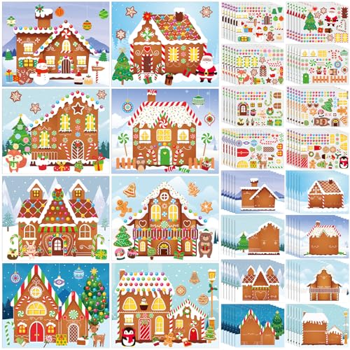 Frienda 96 PCS Christmas Gingerbread House Stickers Kit Winter Make a Gingerbread House Stickers Bulk 48 Set DIY Arts Crafts for Xmas Decoration Christmas Party Favors Home Game Activities - style: Gingerbread House
