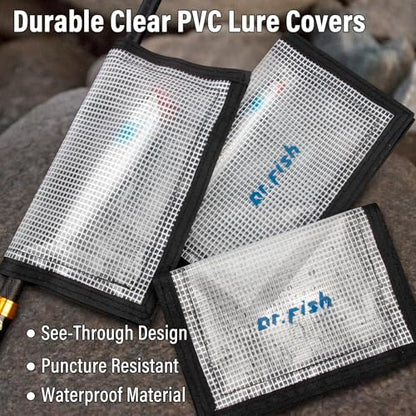 Dr.Fish 3 Pack Fishing Lure Wraps, Clear PVC Lure Hook Covers Fishing Rod Wraps Protectors Holder Storage in 2 Sizes for Hooks, Rod and Tackle Organizer
