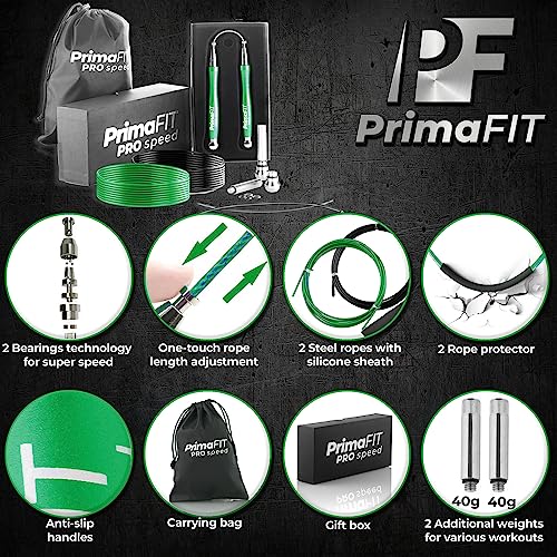 PrimaFIT Pro Speed Jump Rope for Adults, Weighted Skipping Rope for Boxing - color: Green