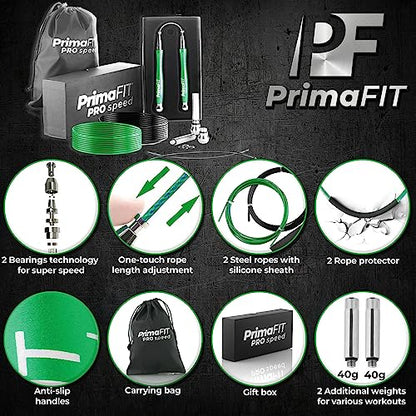 PrimaFIT Pro Speed Jump Rope for Adults, Weighted Skipping Rope for Boxing - color: Green