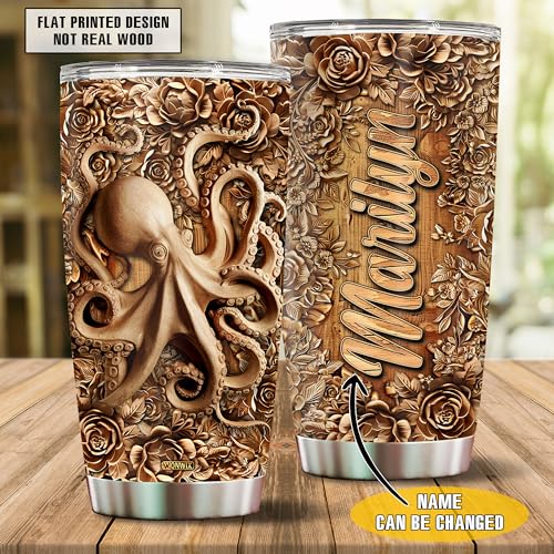 Personalized Octopus Gifts for Women Men Wood Drawing Custom Name 20oz Insulated Stainless Steel Tumbler with Lid Travel Cup Coffee Mug Gift for Daughter Son