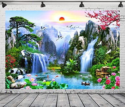 BELECO 9x6ft Fabric Fairyland Mountain Lake Photography Backdrop Waterfalls Swans Fish Flowers Dreamy Natural Landscape Painting Background Wall Murals Home Decor Kids Adults Portrait Photoshoot - size: 9x6FT