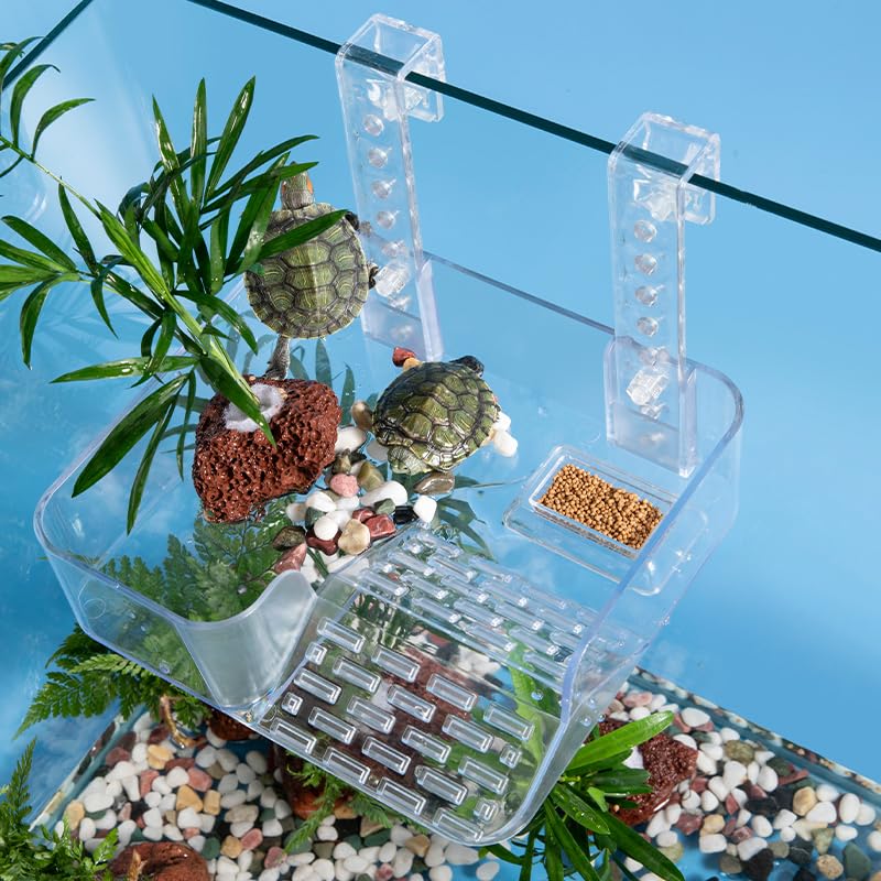 Forher Suction Cup Suspended Turtle Platform with Adjustable, guardrail and Tilted Acrylic Transparent Cradle Platform, Suitable for Decorating Water Tank Accessories (Suspended) - style: Suspended