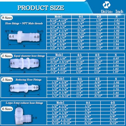 75 Pcs 25-Size Plastic Hose Barb Fittings Assortment, Barb + NPT Male Thread Adapter Fittings, 90 Degree Elbow L Fitting, Barb Reducer, Plastic Joint Splicer and Union Adapters for Fuel, Gas, Liquid.